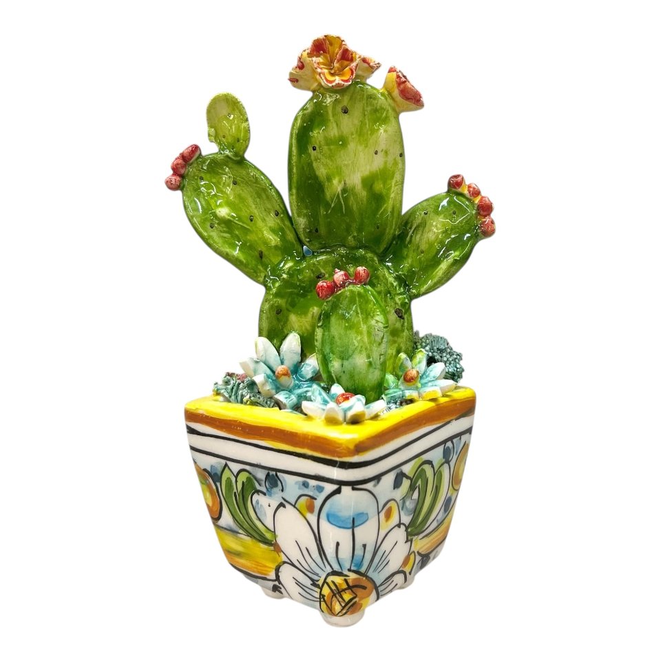 Pianta fico d’india in ceramica siciliana con vaso quadrato Produzione artigianale  di Caltagirone h.15cm