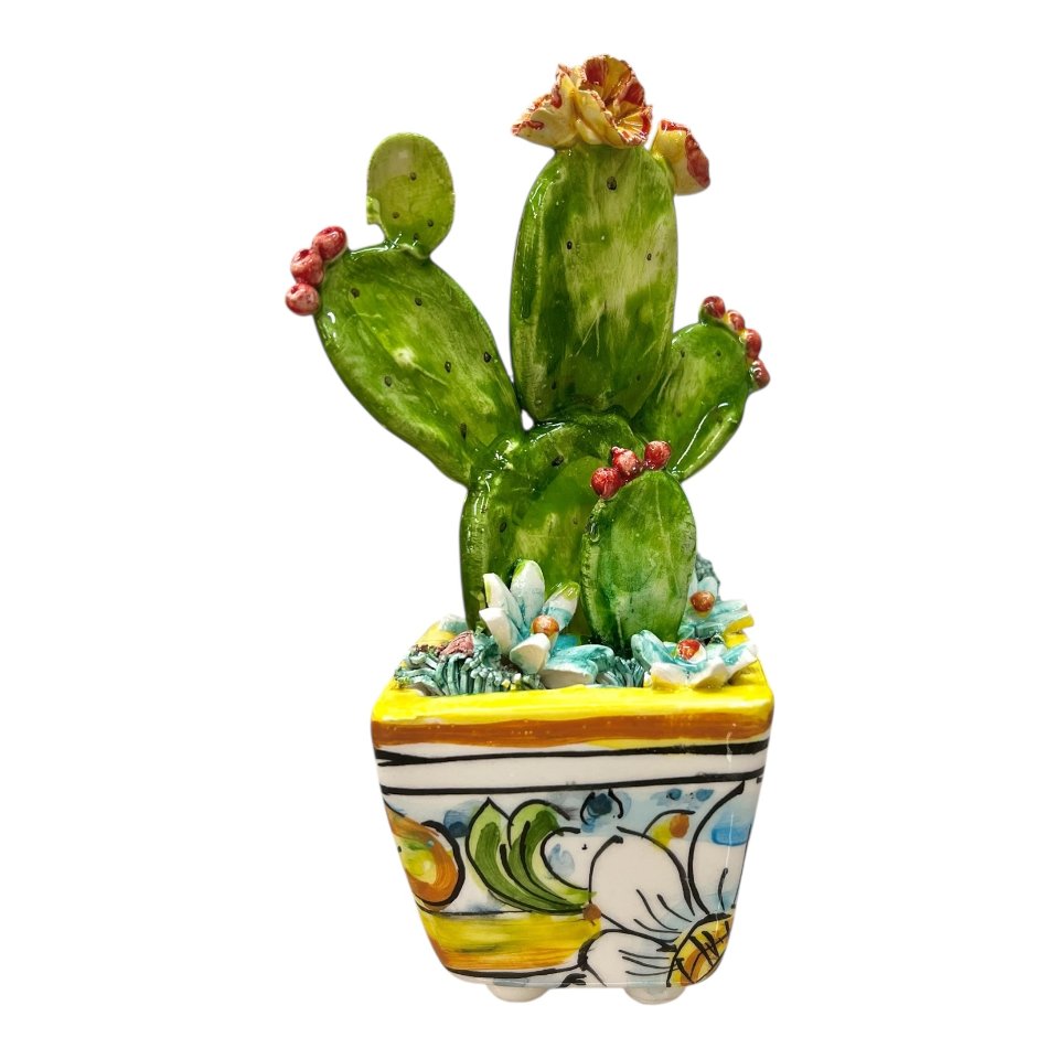 Pianta fico d’india in ceramica siciliana con vaso quadrato Produzione artigianale  di Caltagirone h.15cm