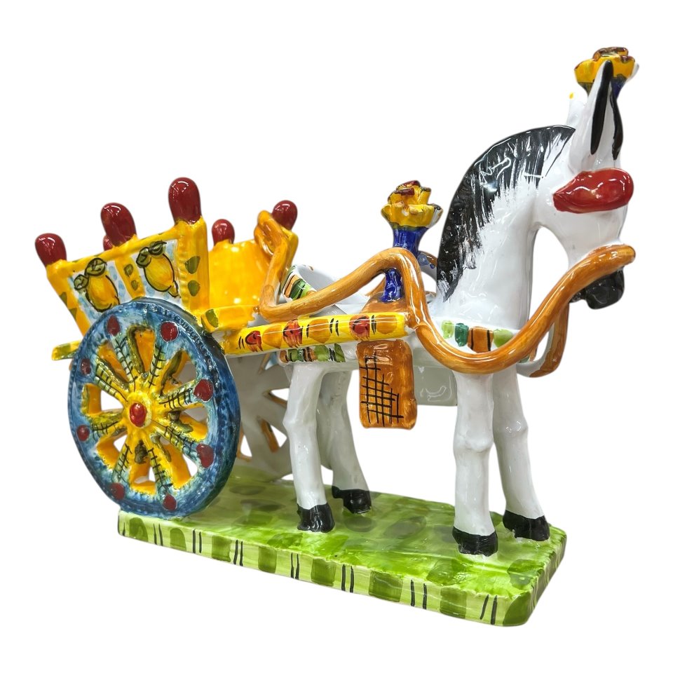 Asinello con carretto in ceramica siciliana decoro limoni Produzione artigianale di Santo Stefano di Camastra Lunghezza 28cm