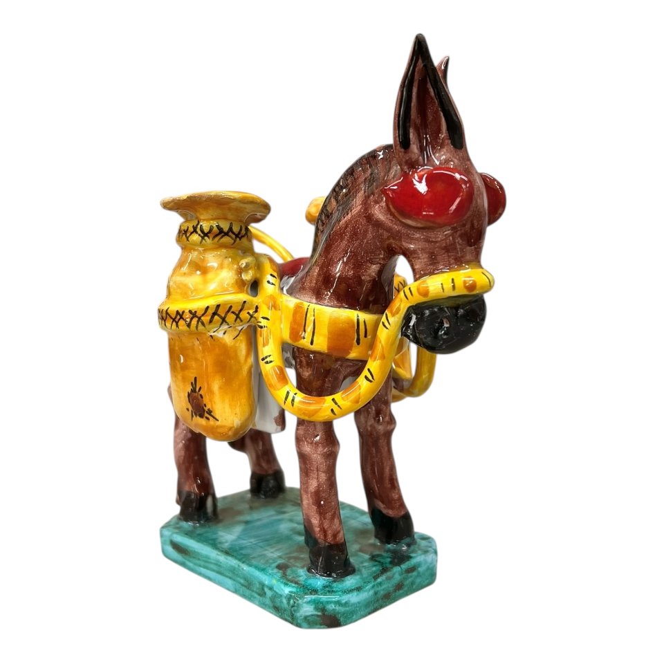 Asinello con cesti in ceramica siciliana Produzione artigianale di Santo Stefano di Camastra Lunghezza 15cm