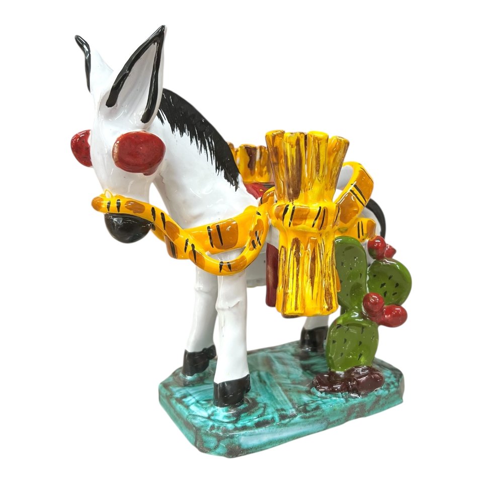 Asinello con fasci di legno in ceramica siciliana Produzione artigianale di Santo Stefano di Camastra Lunghezza 15cm