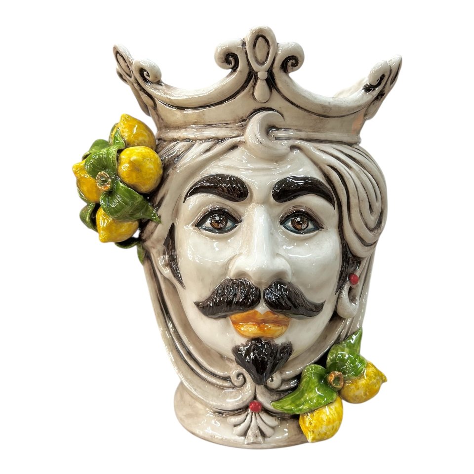 Teste di moro in ceramica di Caltagirone con limoni decoro fumé Produzione artigianale di Caltagirone h.25cm