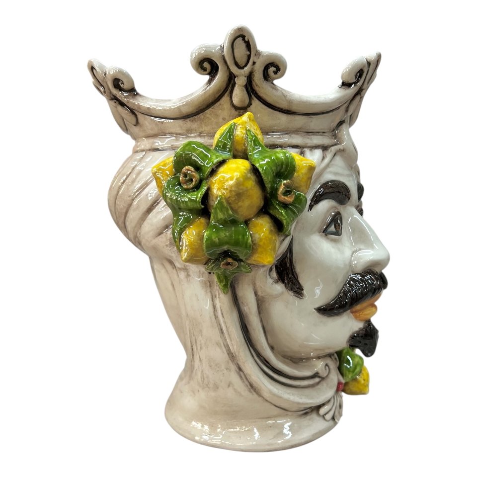 Teste di moro in ceramica di Caltagirone con limoni decoro fumé Produzione artigianale di Caltagirone h.25cm