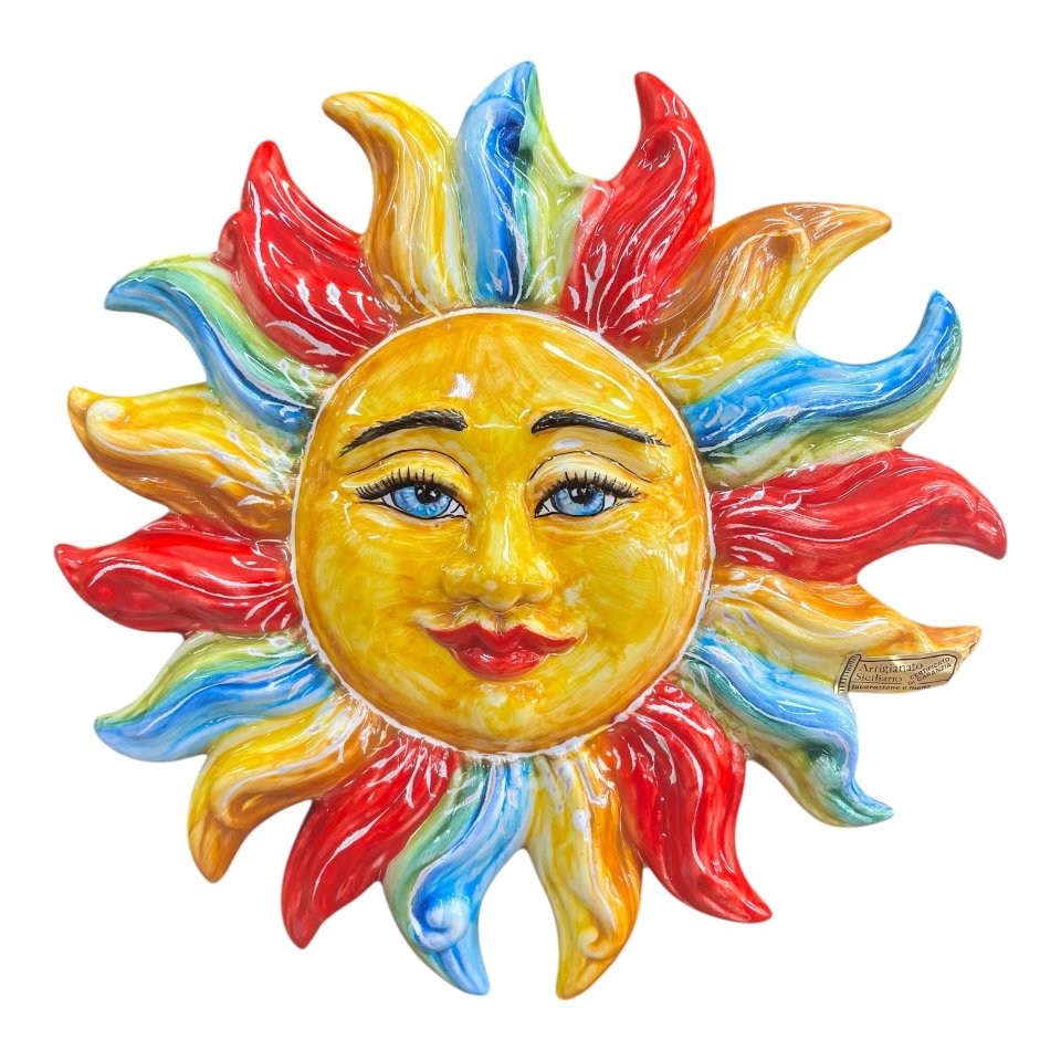 Sole da parete in ceramica siciliana decoro multicolore Produzione artigianale di Santo Stefano di Camastra lunghezza 30cm