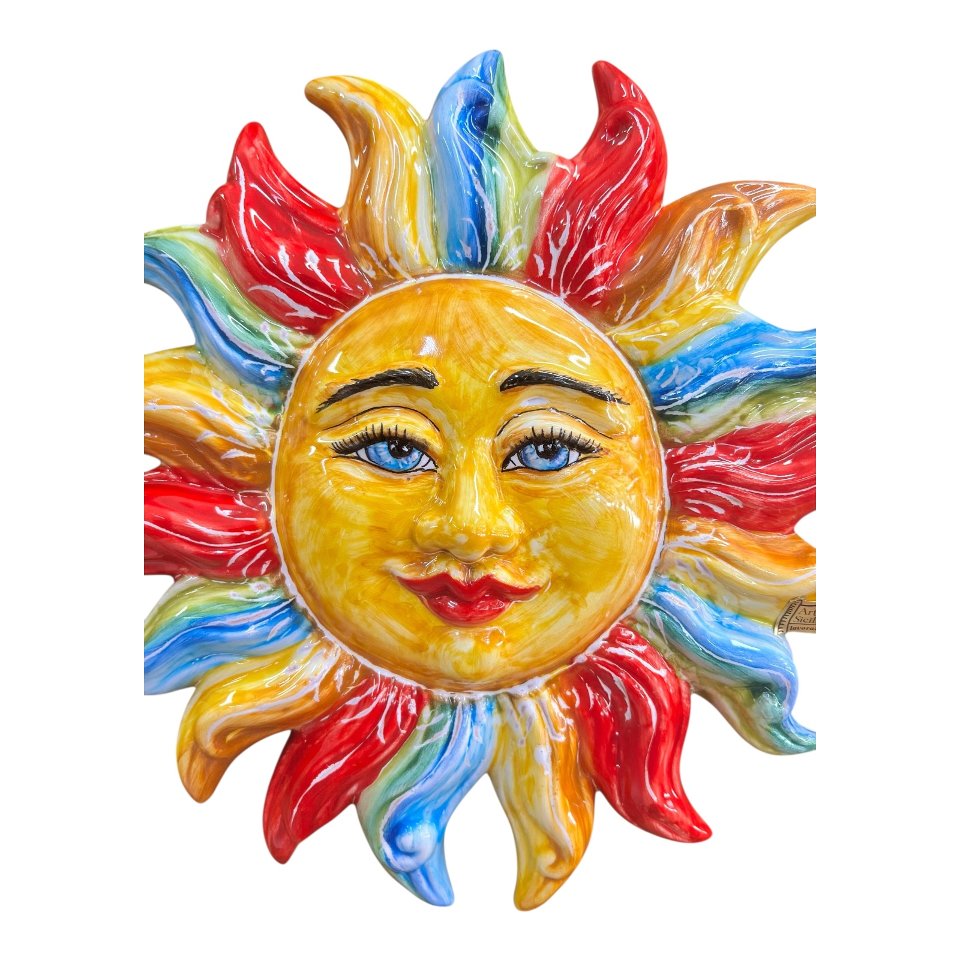 Sole da parete in ceramica siciliana decoro multicolore Produzione artigianale di Santo Stefano di Camastra lunghezza 30cm