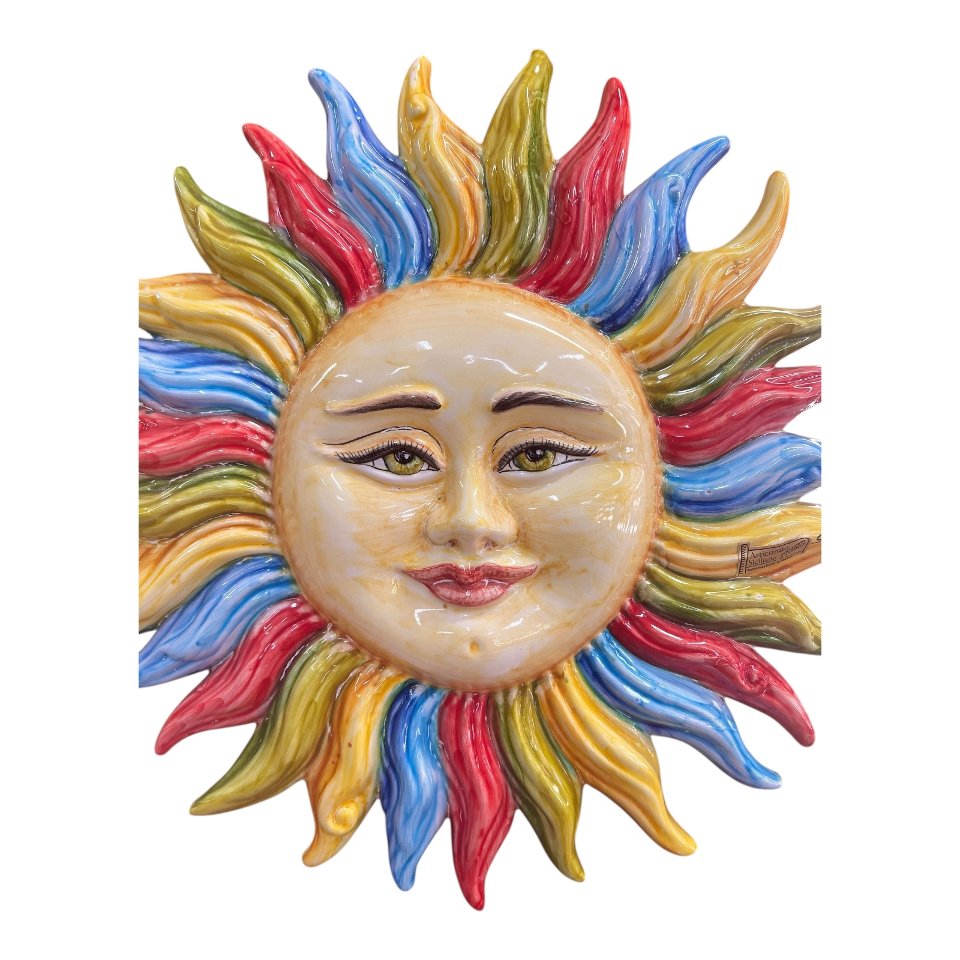 Sole da parete in ceramica siciliana decoro multicolore Produzione artigianale di Santo Stefano di Camastra Lunghezza 43cm