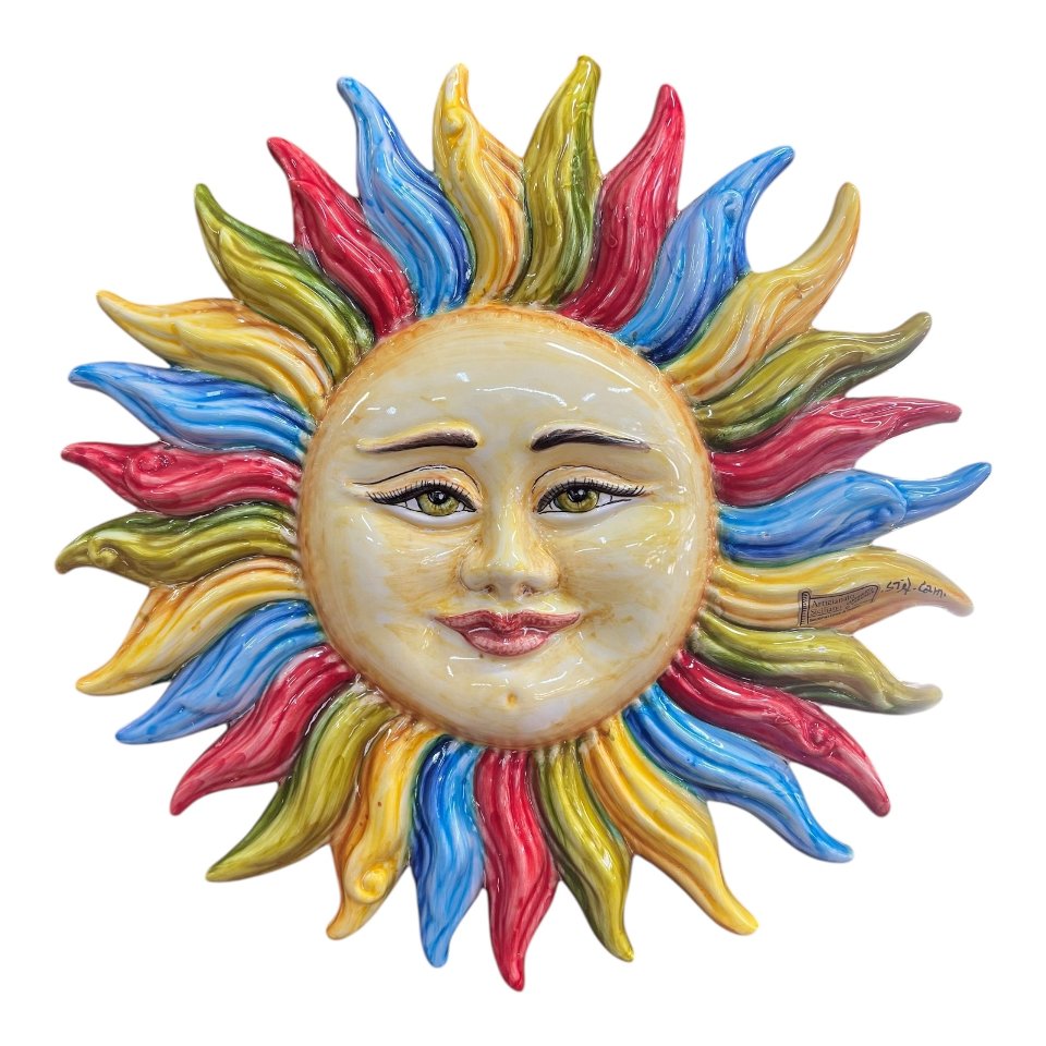 Sole da parete in ceramica siciliana decoro multicolore Produzione artigianale di Santo Stefano di Camastra Lunghezza 43cm