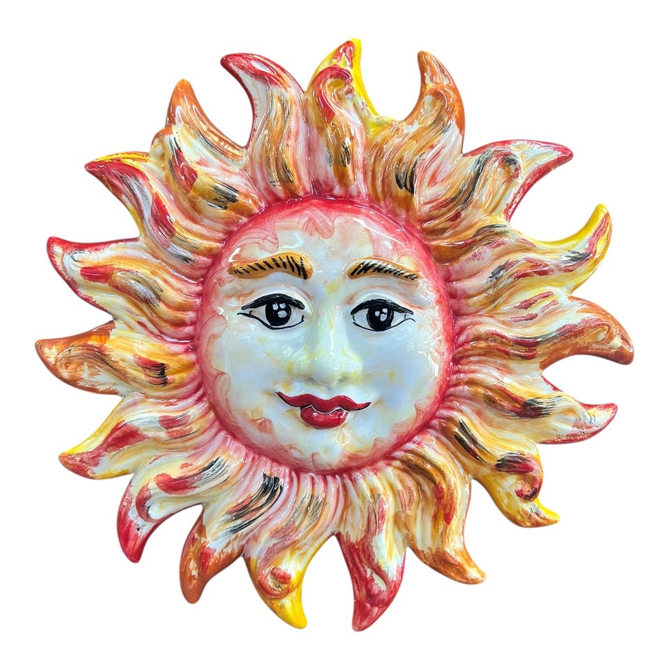 Sole da parete in ceramica siciliana decoro rosso fuoco e giallo Produzione artigianale di Santo Stefano di Camastra lunghezza 30cm