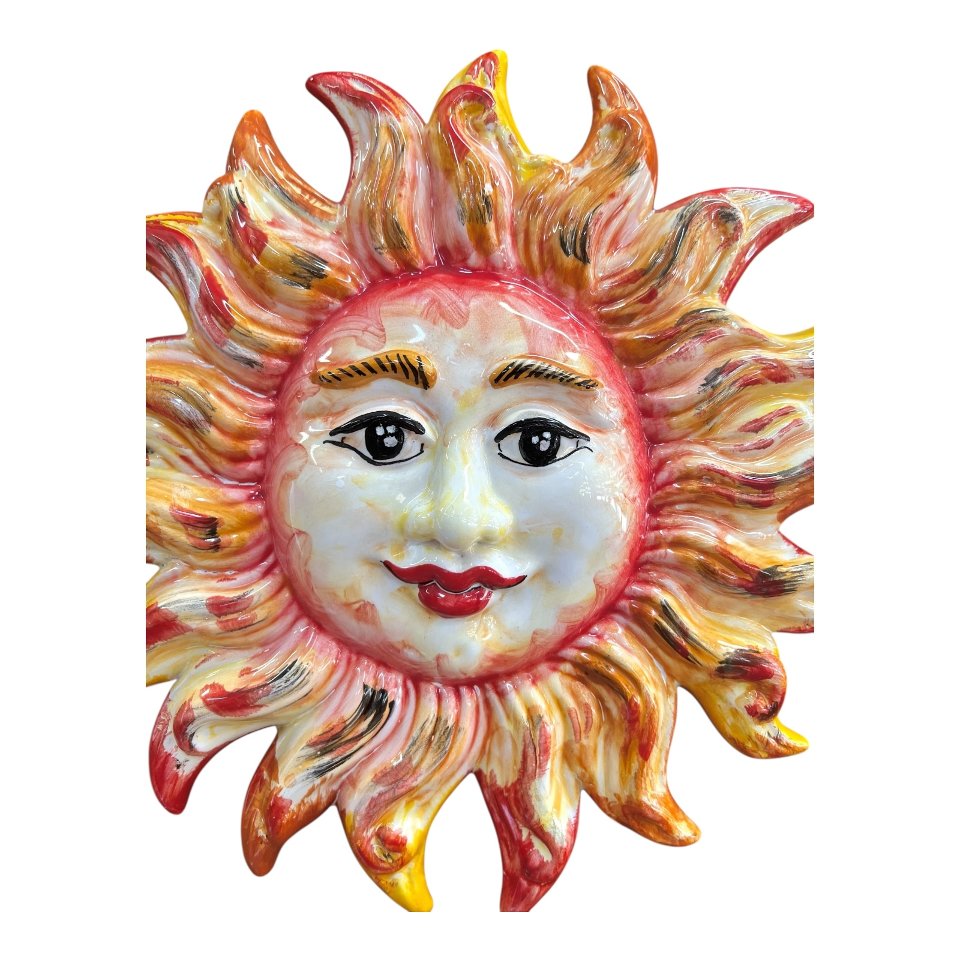 Sole da parete in ceramica siciliana decoro rosso fuoco e giallo Produzione artigianale di Santo Stefano di Camastra lunghezza 30cm