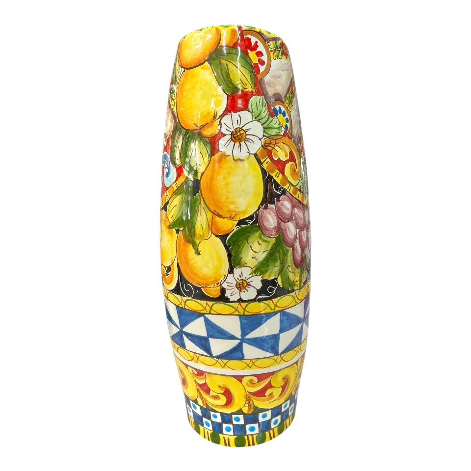 Vaso schiacciato in ceramica siciliana decoro con ruota di carretto e frutta Produzione artigianale di Santo Stefano di Camastra h.40cm