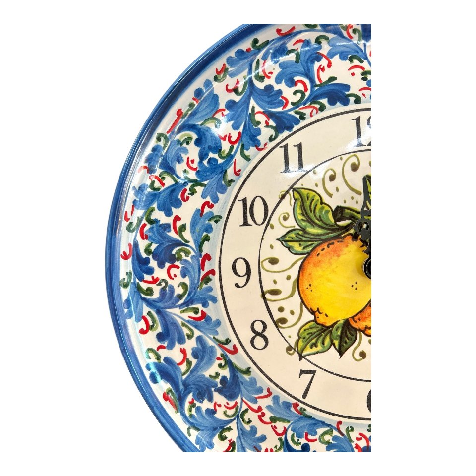 Orologio da parete in ceramica siciliana decoro blu con limoni Produzione artigianale di Santo Stefano di Camastra Diametro 30cm
