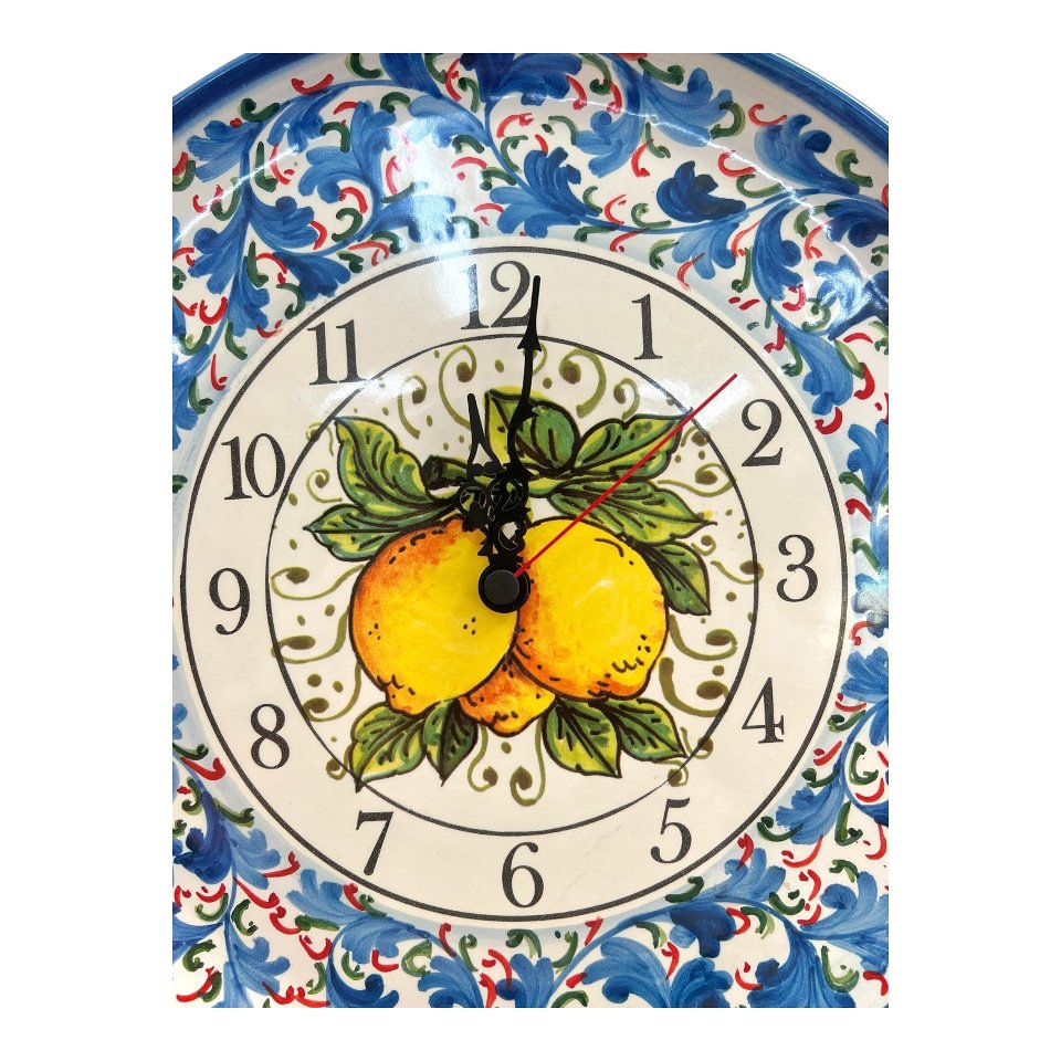 Orologio da parete in ceramica siciliana decoro blu con limoni Produzione artigianale di Santo Stefano di Camastra Diametro 30cm