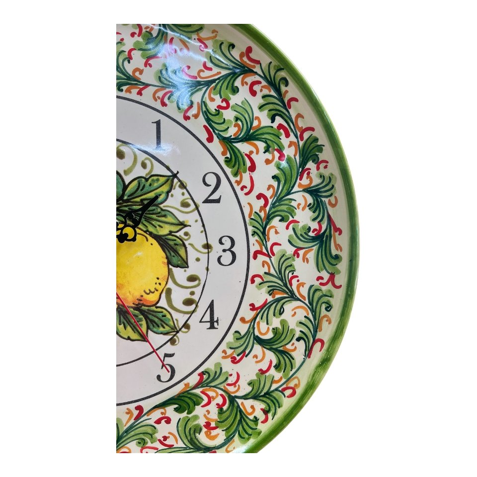 Orologio da parete in ceramica siciliana decoro verde con limoni Produzione artigianale di Santo Stefano di Camastra Diametro 30cm