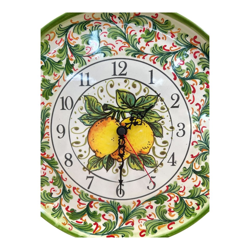 Orologio da parete in ceramica siciliana decoro verde con limoni Produzione artigianale di Santo Stefano di Camastra Diametro 30cm