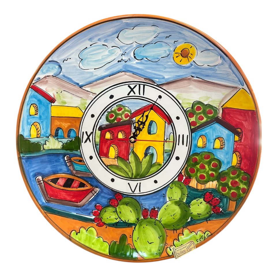Orologio da parete in ceramica siciliana decoro marittimo naif con fichi d’india Produzione artigianale di Santo Stefano di Camastra Diametro 37cm