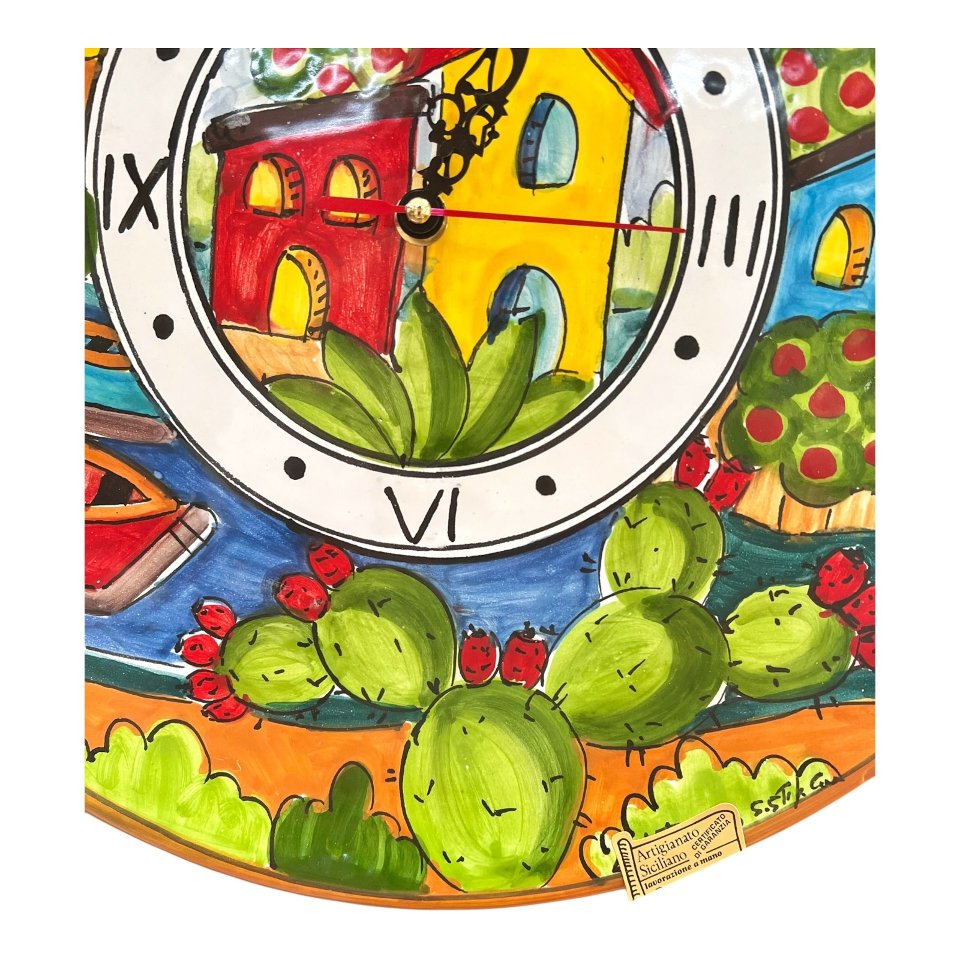 Orologio da parete in ceramica siciliana decoro marittimo naif con fichi d’india Produzione artigianale di Santo Stefano di Camastra Diametro 37cm