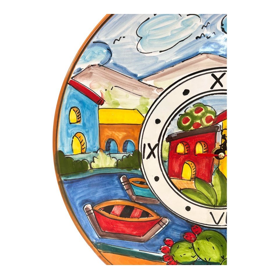 Orologio da parete in ceramica siciliana decoro marittimo naif con fichi d’india Produzione artigianale di Santo Stefano di Camastra Diametro 37cm