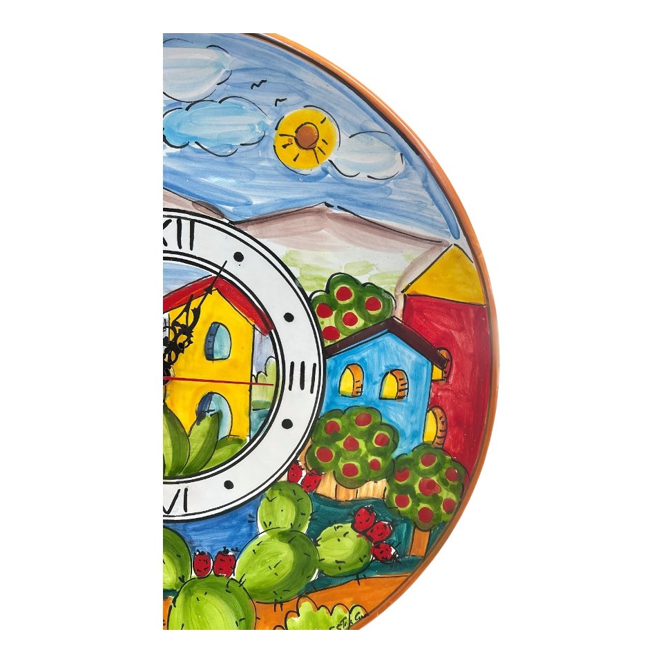 Orologio da parete in ceramica siciliana decoro marittimo naif con fichi d’india Produzione artigianale di Santo Stefano di Camastra Diametro 37cm