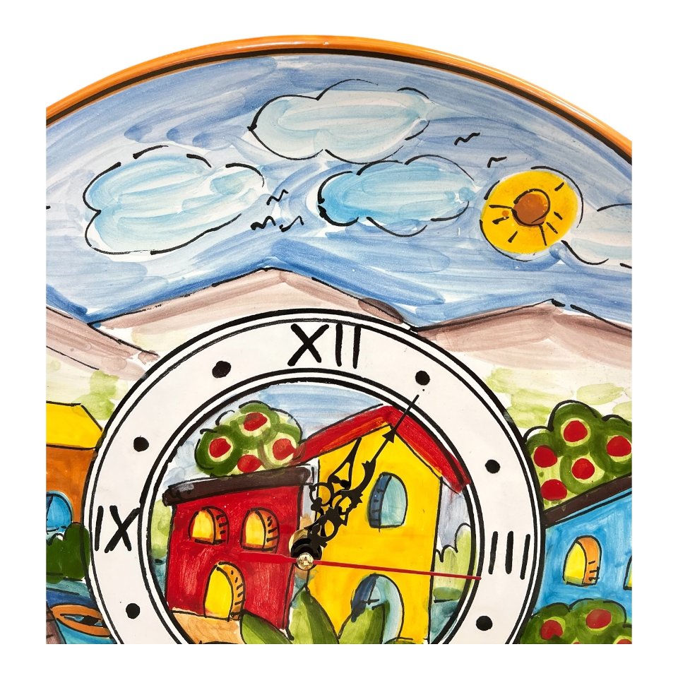 Orologio da parete in ceramica siciliana decoro marittimo naif con fichi d’india Produzione artigianale di Santo Stefano di Camastra Diametro 37cm