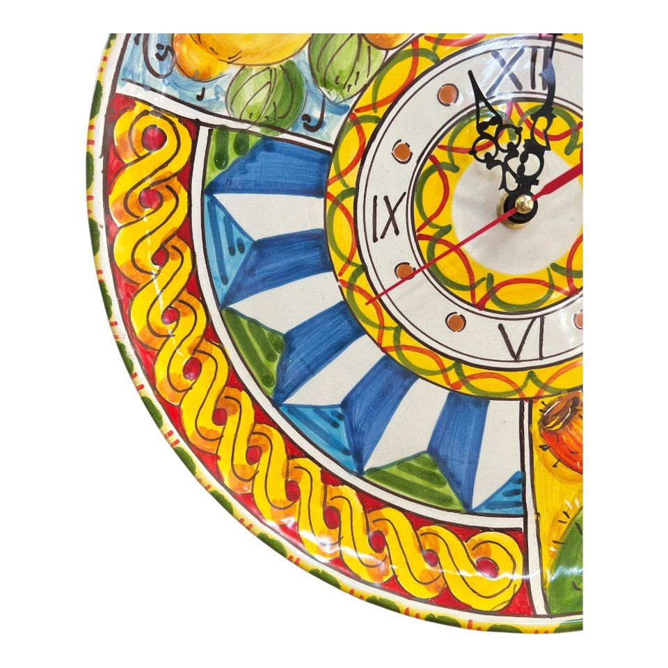 Orologio da parete in ceramica siciliana decoro siciliano con fichi d’india e limoni Produzione artigianale di Santo Stefano di Camastra Diametro 30cm