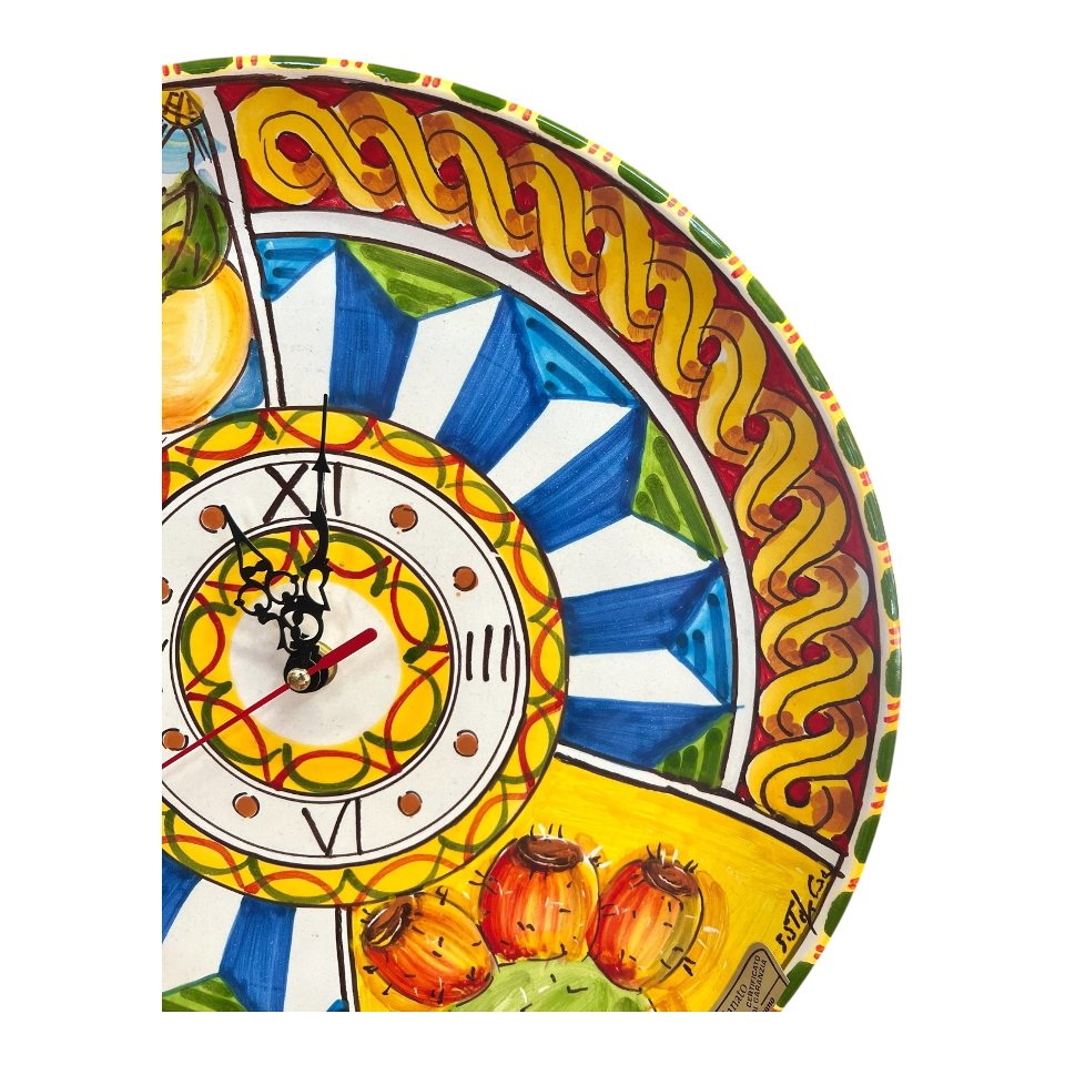 Orologio da parete in ceramica siciliana decoro siciliano con fichi d’india e limoni Produzione artigianale di Santo Stefano di Camastra Diametro 30cm