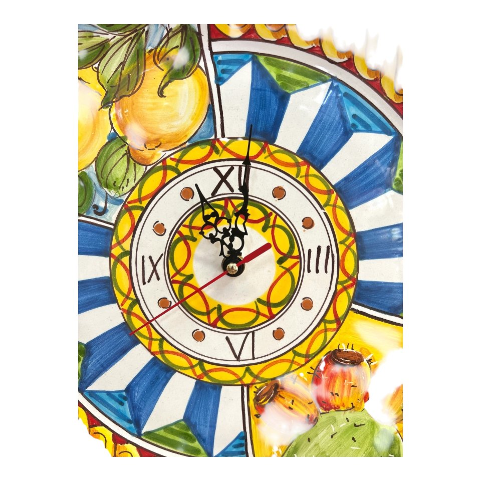 Orologio da parete in ceramica siciliana decoro siciliano con fichi d’india e limoni Produzione artigianale di Santo Stefano di Camastra Diametro 30cm