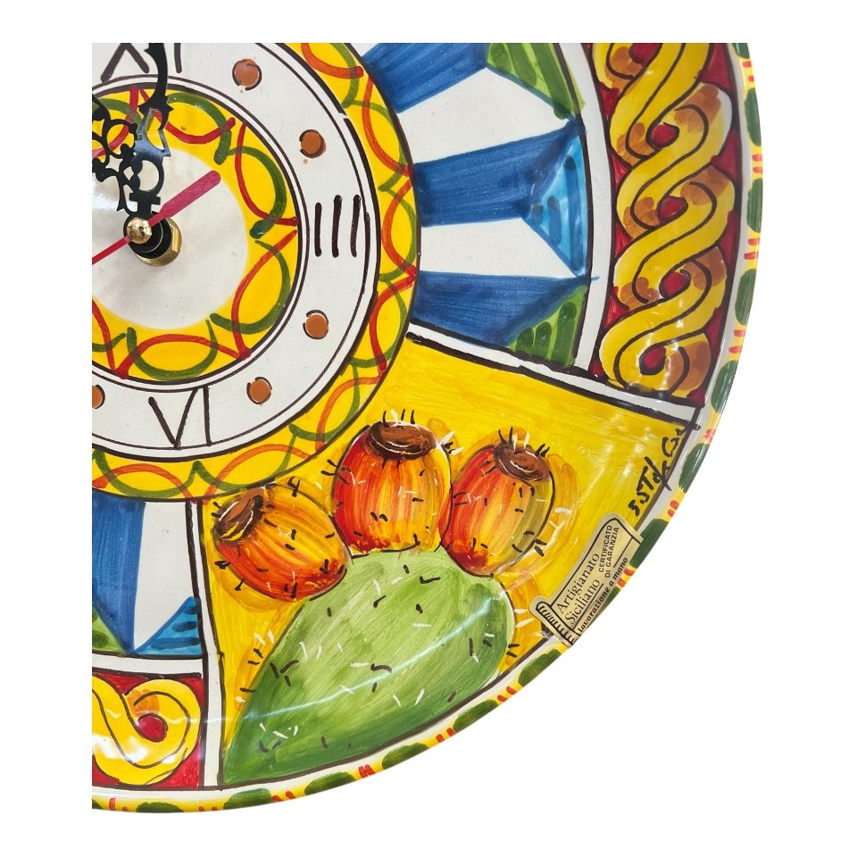 Orologio da parete in ceramica siciliana decoro siciliano con fichi d’india e limoni Produzione artigianale di Santo Stefano di Camastra Diametro 30cm