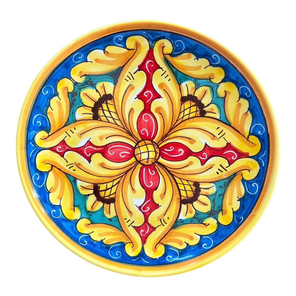 Piatto ornamentale da parete in ceramica siciliana decoro ornato barocco Produzione artigianale di Santo Stefano di Camastra Diametro 20cm