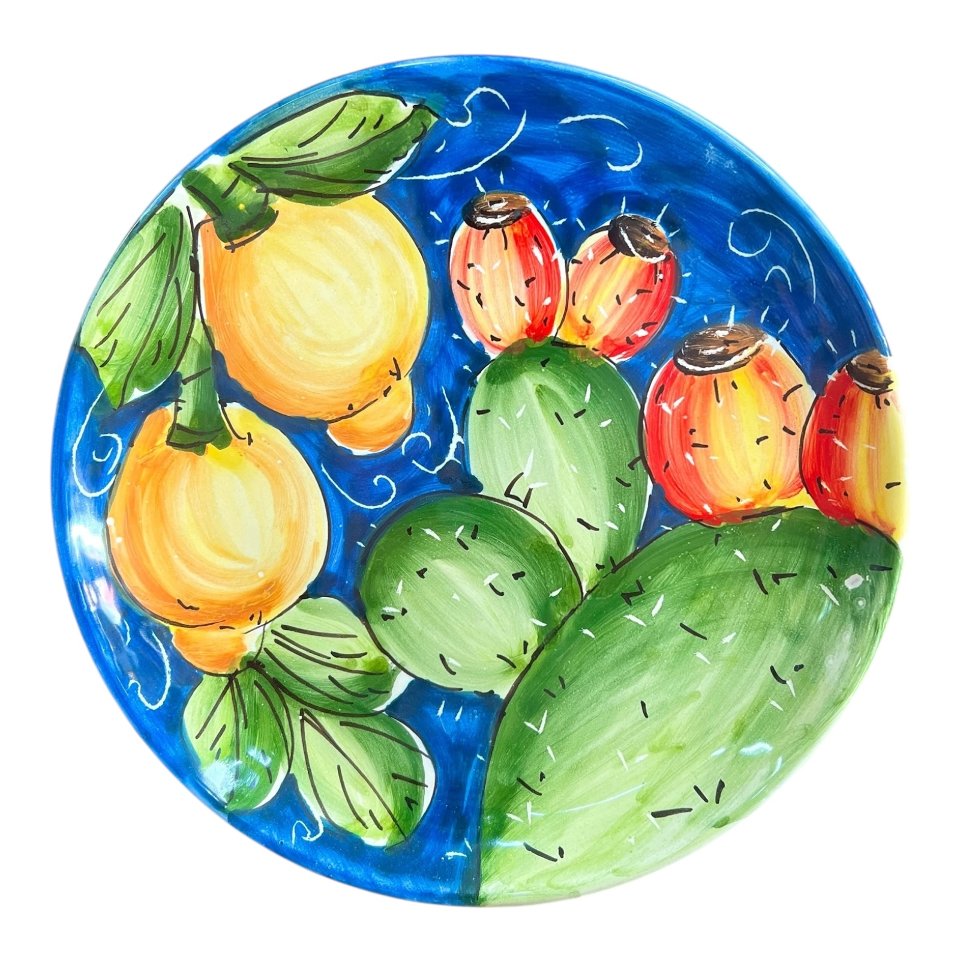 Piatto ornamentale in ceramica siciliana decoro con limoni e fichi d’india Produzione artigianale di Santo Stefano di Camastra Diametro 20cm