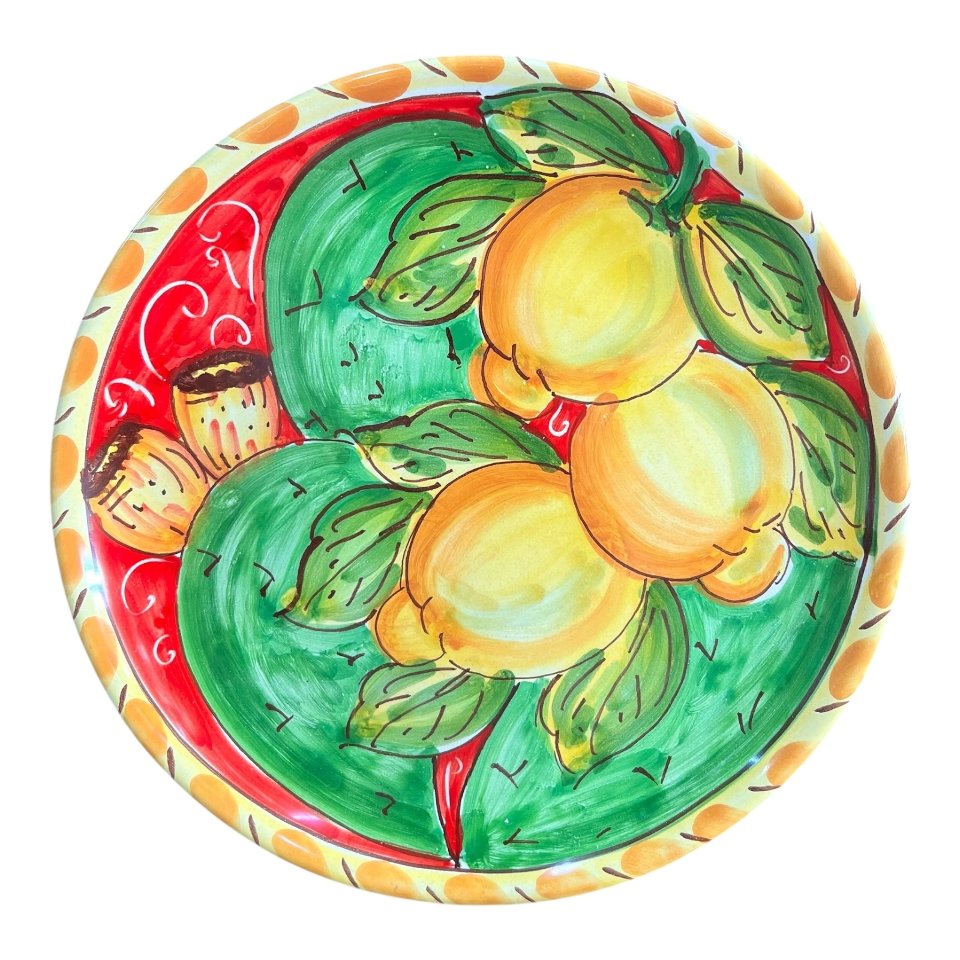 Piatto ornamentale in ceramica siciliana decoro con limoni e fichi d’india Produzione artigianale di Santo Stefano di Camastra Diametro 20cm