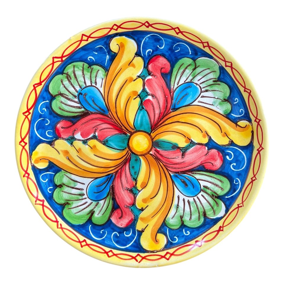 Piatto ornamentale da parete in ceramica siciliana decoro ornato barocco Produzione artigianale di Santo Stefano di Camastra Diametro 20cm