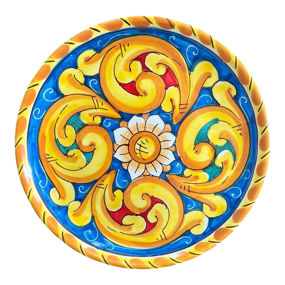 Piatto ornamentale da parete in ceramica siciliana decoro ornato barocco Produzione artigianale di Santo Stefano di Camastra Diametro 20cm