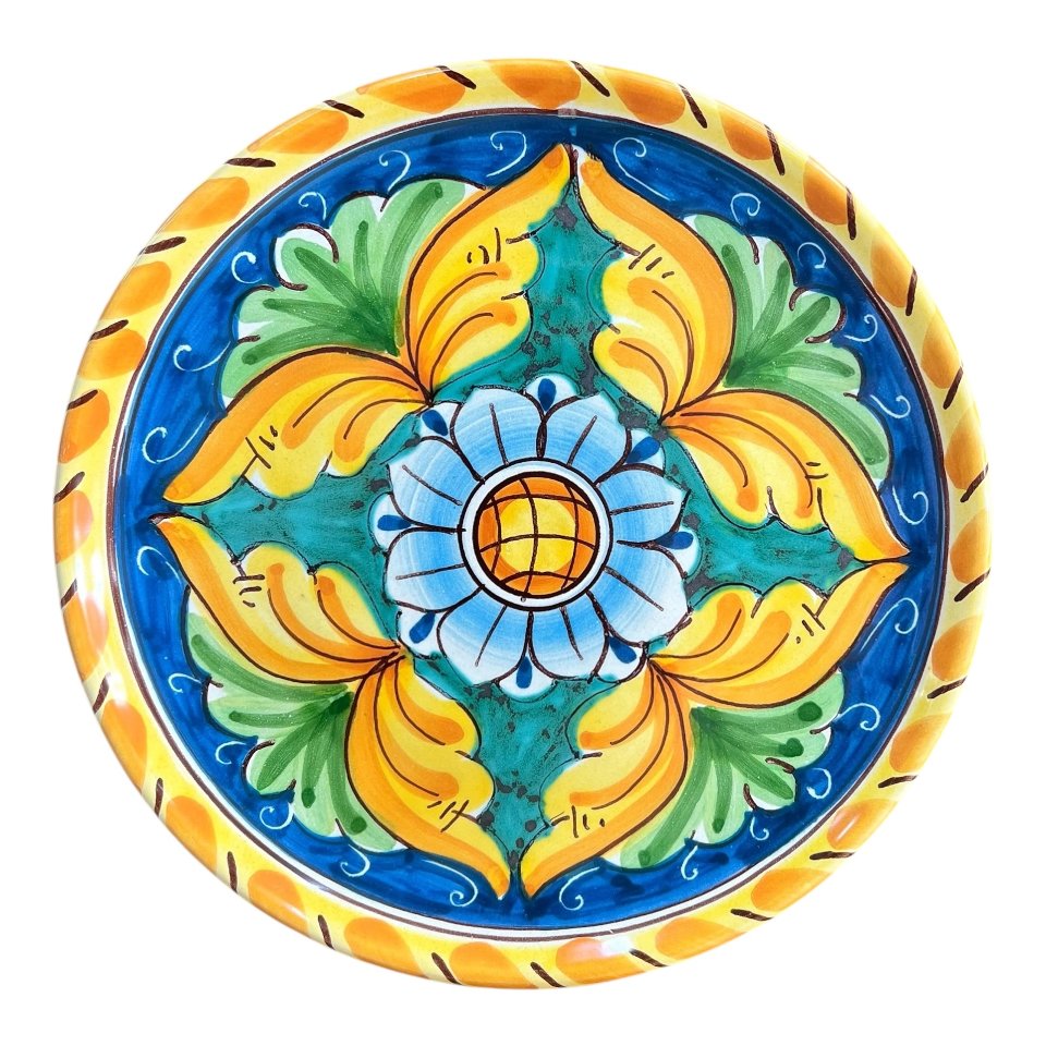 Piatto ornamentale da parete in ceramica siciliana decoro ornato barocco Produzione artigianale di Santo Stefano di Camastra Diametro 20cm