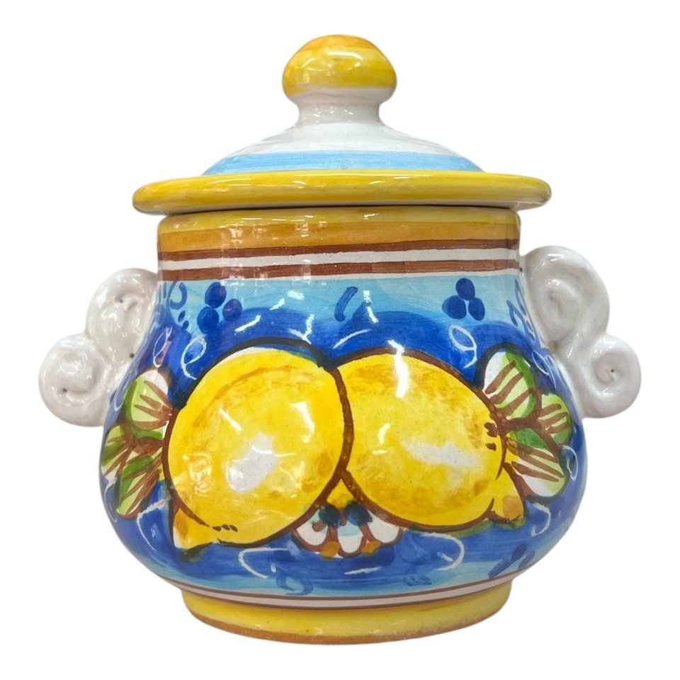 Zuccheriera con limoni in ceramica siciliana Produzione artigianale di Caltagirone h.12cm
