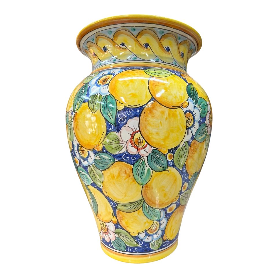 Portaombrelli in ceramica siciliana decoro con limoni e margherite Produzione artigianale di Caltagirone h.50cm