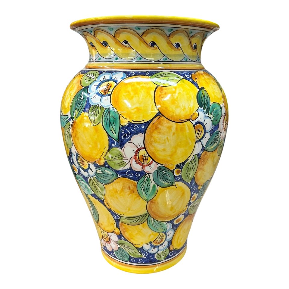 Portaombrelli in ceramica siciliana decoro con limoni e margherite Produzione artigianale di Caltagirone h.50cm