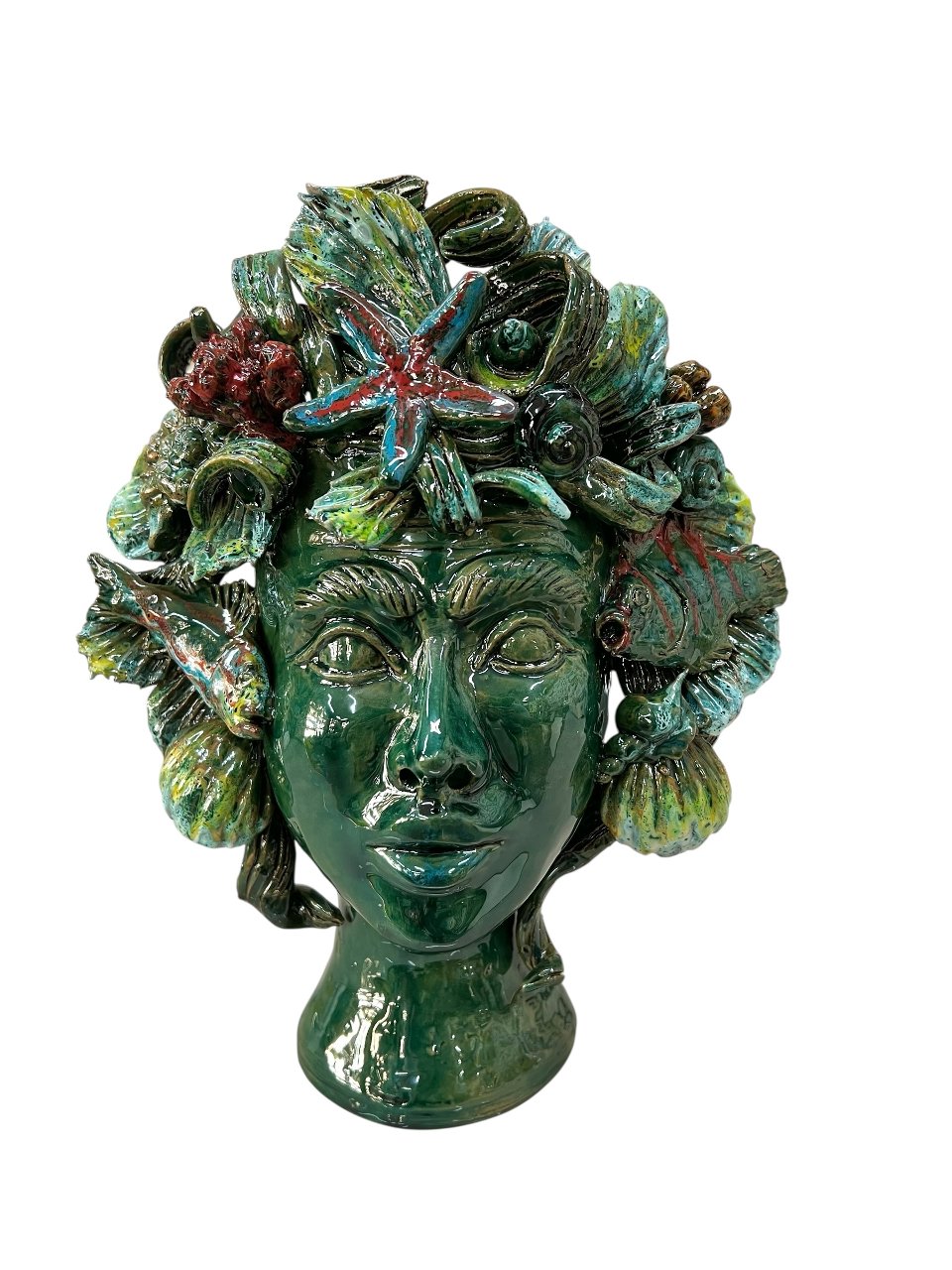Testa di moro collezione I Miti modello Sirena decoro verde Produzione artigianale di Palermo h.30cm
