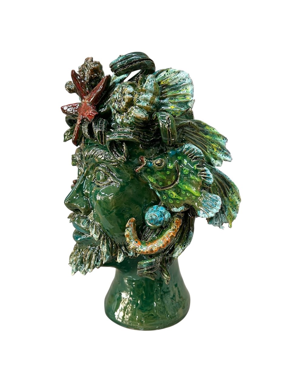 Testa di moro collezione I Miti modello Nettuno decoro verde Produzione artigianale di Palermo h.30cm