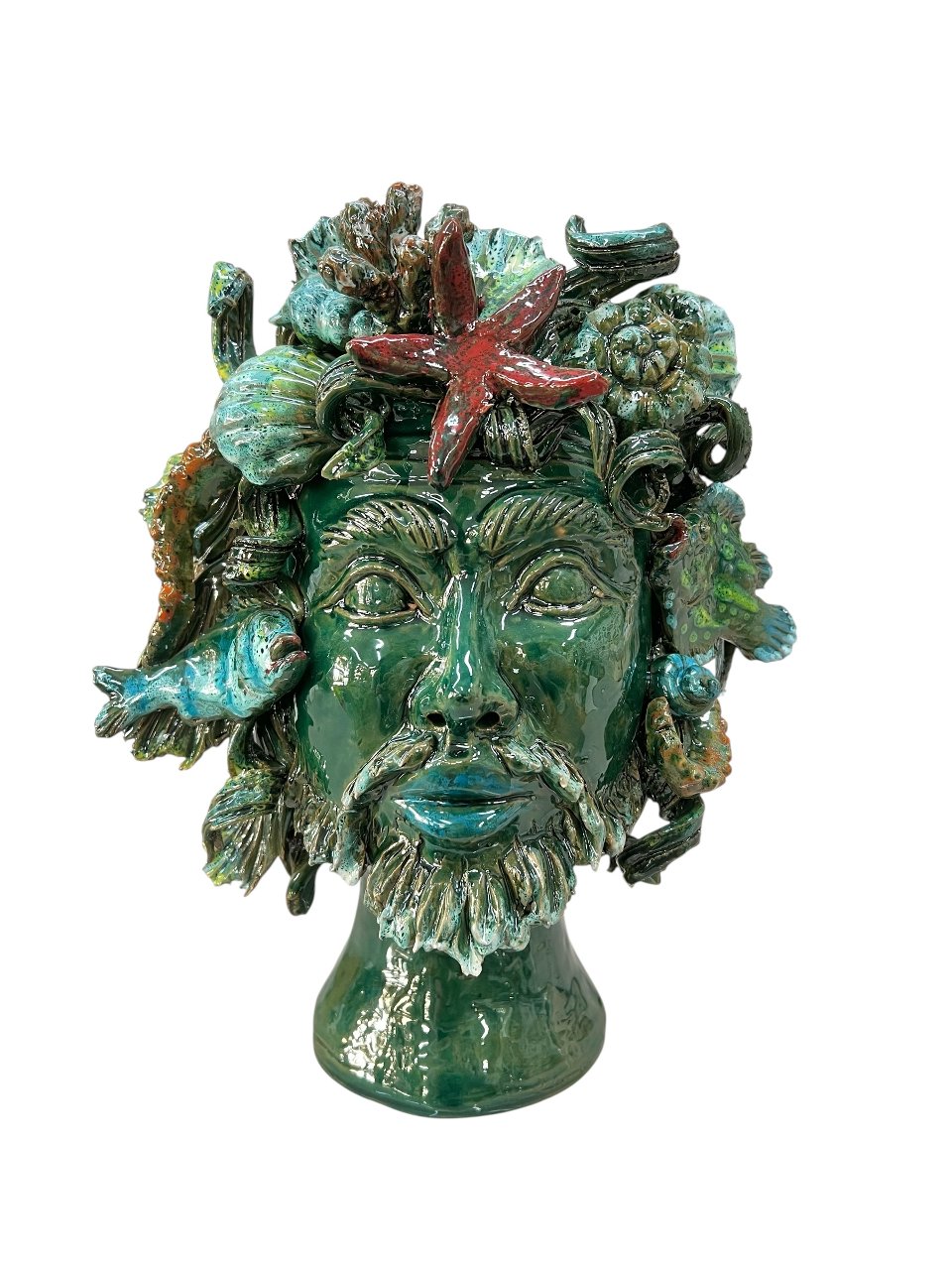 Testa di moro collezione I Miti modello Nettuno decoro verde Produzione artigianale di Palermo h.30cm