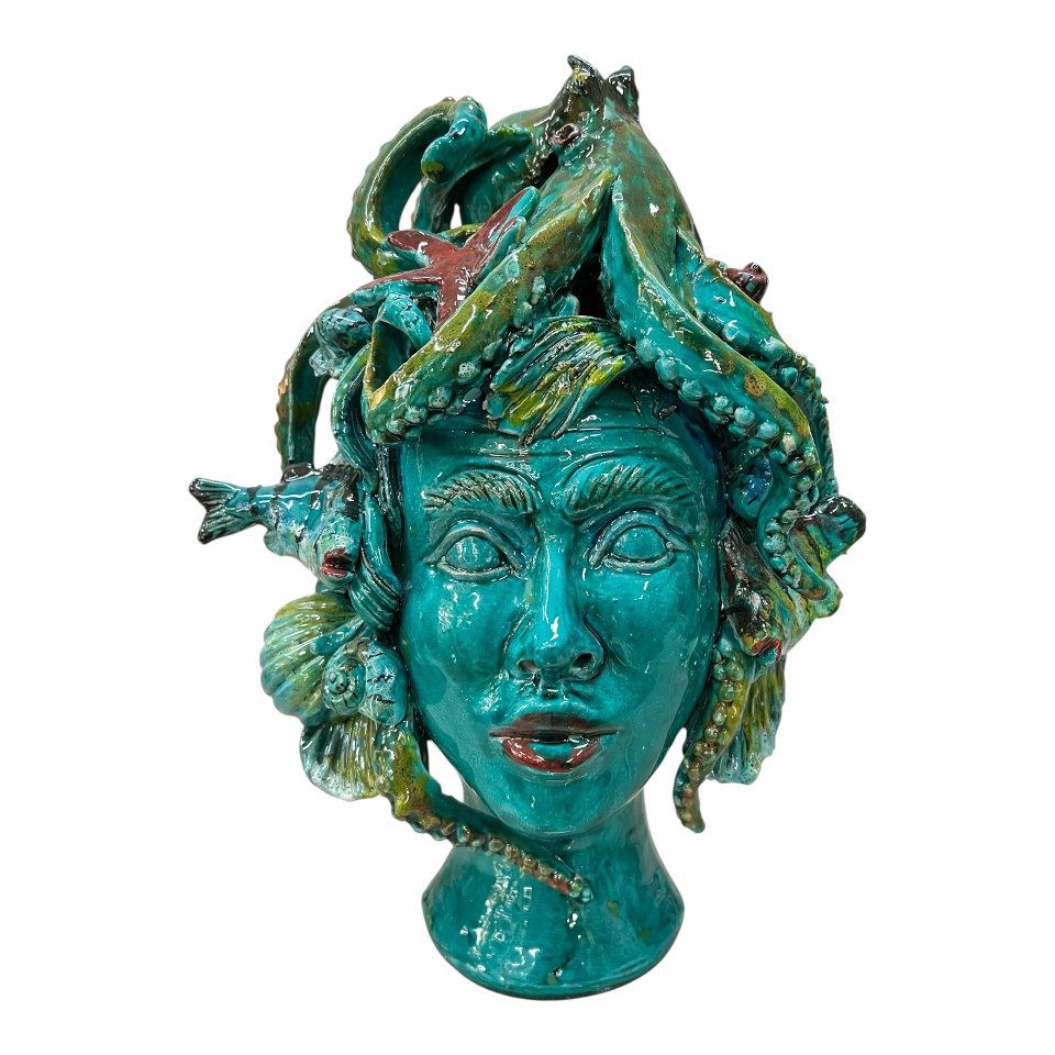 Testa di moro collezione I Miti modello Sirena decoro verde acqua Produzione artigianale di Palermo h.30cm
