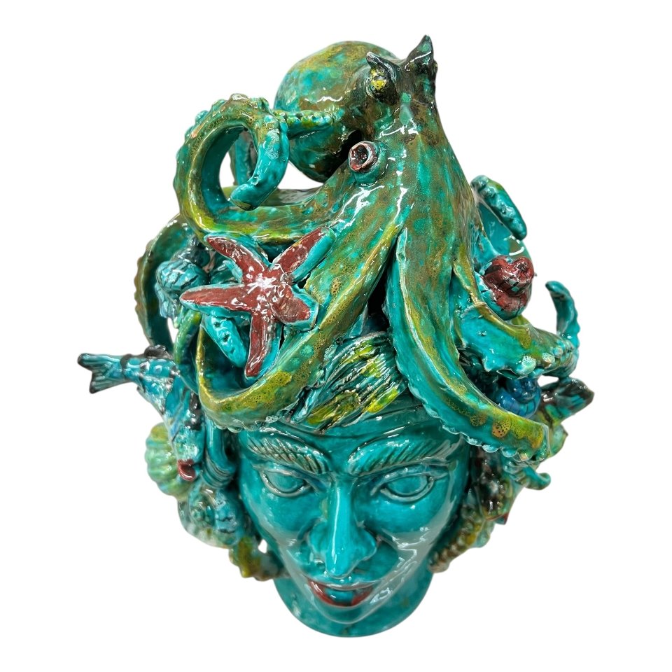 Testa di moro collezione I Miti modello Sirena decoro verde acqua Produzione artigianale di Palermo h.30cm