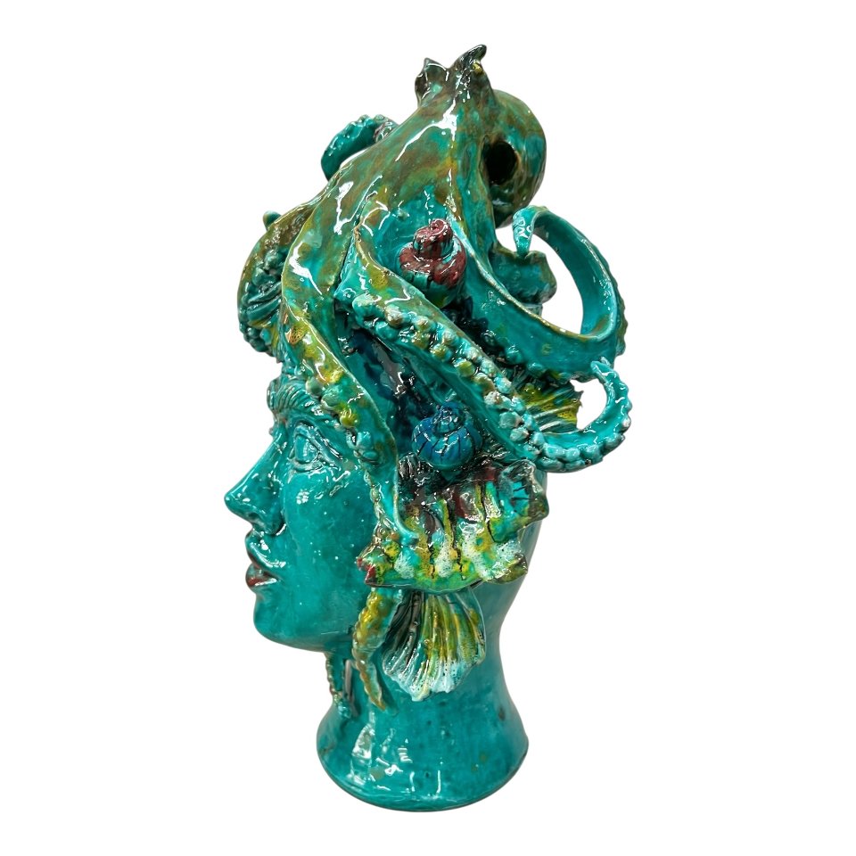 Testa di moro collezione I Miti modello Sirena decoro verde acqua Produzione artigianale di Palermo h.30cm