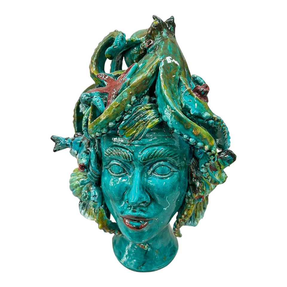 Testa di moro collezione I Miti modello Sirena decoro verde acqua Produzione artigianale di Palermo h.30cm