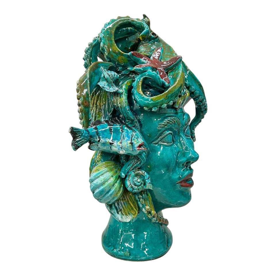 Testa di moro collezione I Miti modello Sirena decoro verde acqua Produzione artigianale di Palermo h.30cm