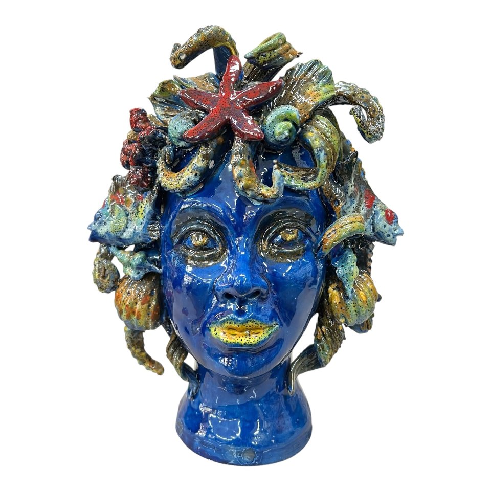 Testa di moro collezione I Miti modello Sirena decoro blu marino Produzione artigianale di Palermo h.30cm