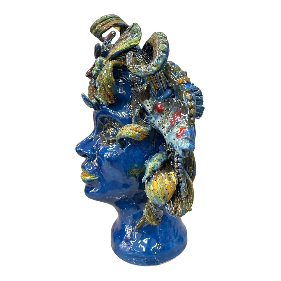 Testa di moro collezione I Miti modello Sirena decoro blu marino Produzione artigianale di Palermo h.30cm