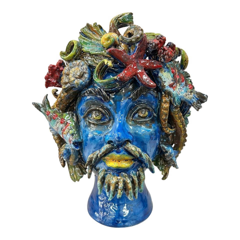 Testa di moro collezione I Miti modello Nettuno decoro blu marino Produzione artigianale di Palermo h.30cm