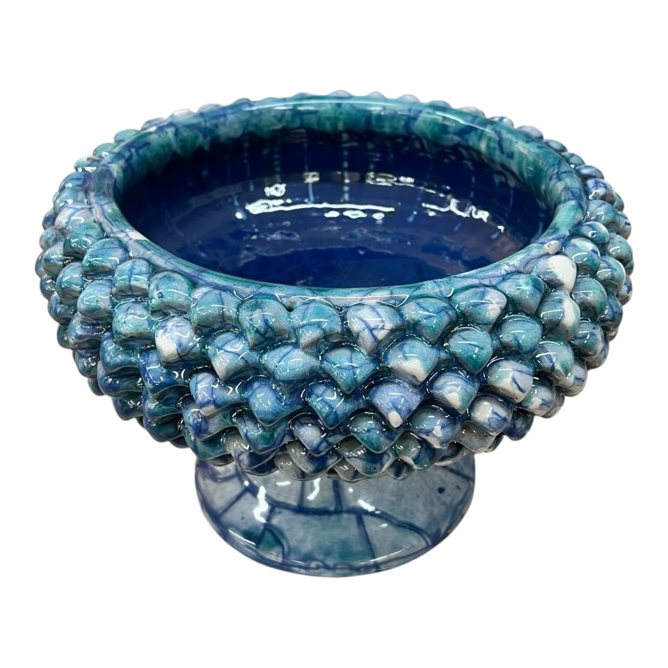 Centrotavola pigna con alzata decoro blu marino effetto marmo Produzione artigianale di Santo Stefano di Camastra Diametro 40cm