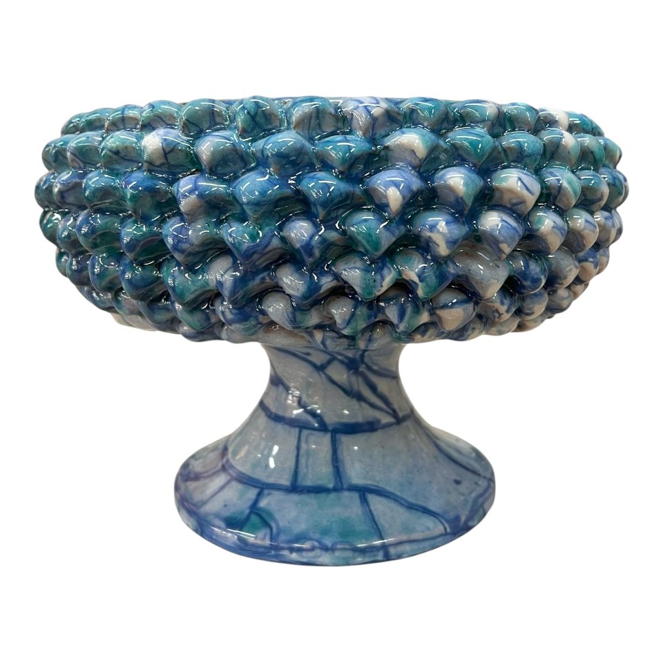 Centrotavola pigna con alzata decoro blu marino effetto marmo Produzione artigianale di Santo Stefano di Camastra Diametro 40cm