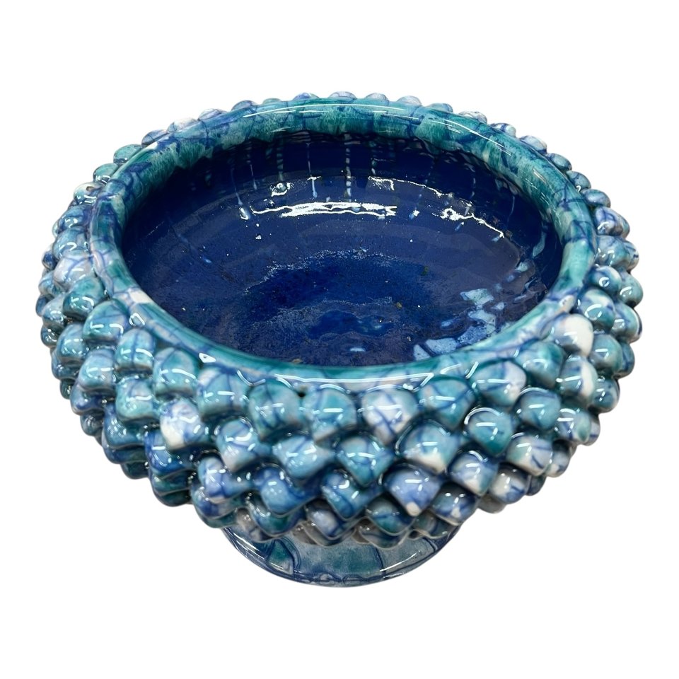 Centrotavola pigna con alzata decoro blu marino effetto marmo Produzione artigianale di Santo Stefano di Camastra Diametro 40cm
